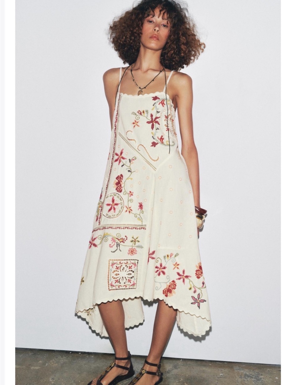 Zara Cream Asymmetrical Embroidered Slip Dress